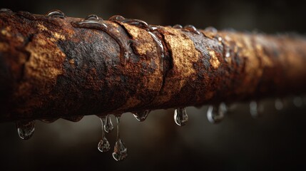 Fototapeta premium Droplets form on rusty pipe in industrial setting during the evening hours near city outskirts