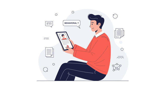 Man using tablet for behavioral analysis, online interview, job application, remote work