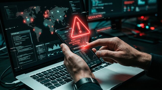 Cyber Alert: Hands interact with a smartphone displaying a cyber threat alert, while a laptop screen shows a world map and data, representing a critical digital vulnerability.