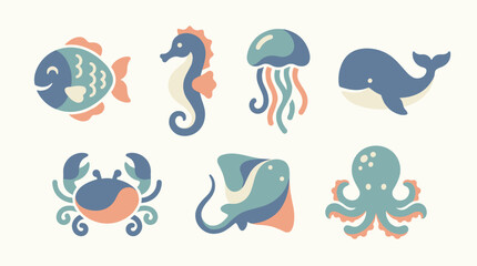 Fototapeta premium Sea creatures illustration set.