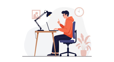 Fototapeta premium Young man working on laptop at desk, focused, pointing finger, home office setup