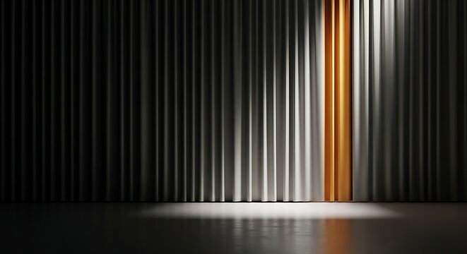 A stage with a golden curtain panel against a dark backdrop