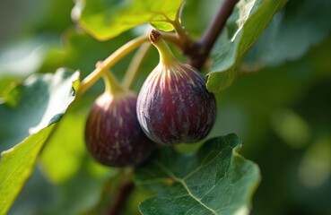 Fototapeta premium Close-up of two ripe purple figs hanging on a branch with green leaves. Natural sunlight illuminates the fruit and foliage. Ready for harvest.