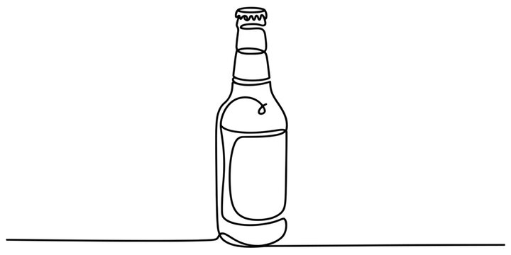 Single continuous line drawing of a glass beer bottle with a metal cap on a white background. Vector, illustration