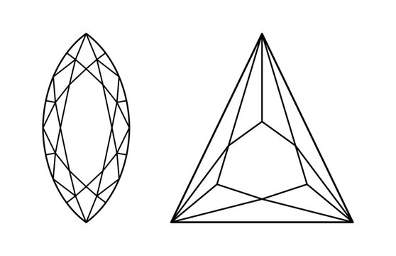 Marquise, Triangular diamond cut shape icons. Design simple diagram. Brilliant Marquis, Trillion cut set. Precious gemstone outline icon for jewellery design, branding, packaging, logotype, web, app.