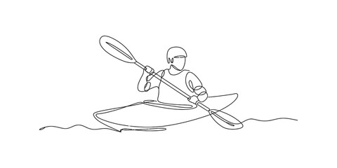 A single continuous line drawing of a person paddling a kayak across the calm water surface area Vector, illustration © Shreemoti