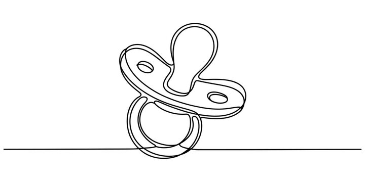Minimalist continuous one line drawing of a baby pacifier soother icon on white. Vector, illustration