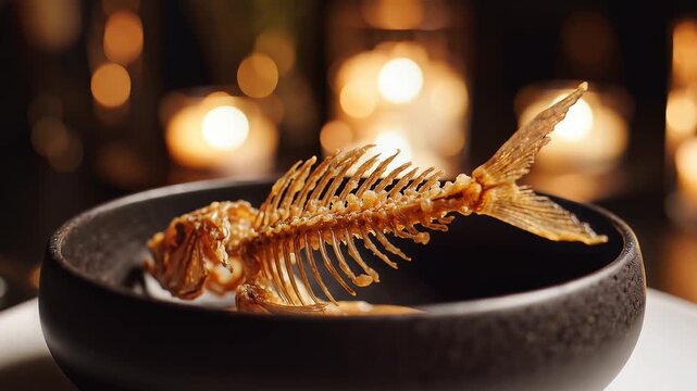 Crispy Fried Whole Fish Skeleton in a Black Bowl
