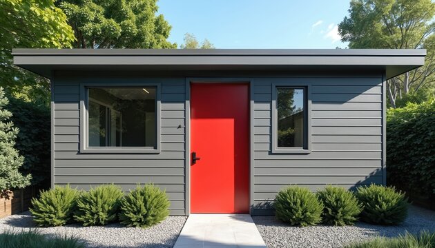 Modern gray ADU structure with bright red door and windows. Surrounded by green bushes and trees in a backyard setting. Minimalist architectural design for supplementary dwelling.