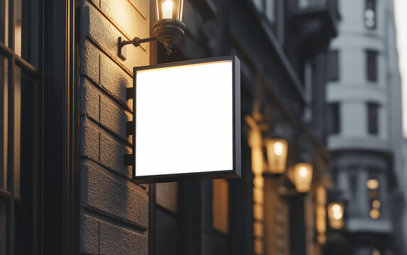 Mockup hanging sign, signage, lightbox. Poster city box, projecting blade sign. Template signage advertising citylight. Mockup outside signage, city light box, hanging sign. Realistic style photo