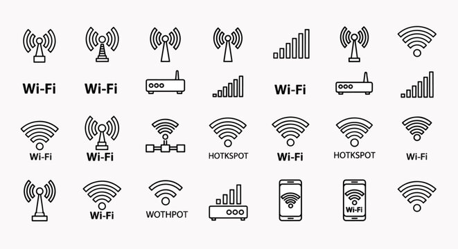 Collection of Wi-Fi and Network Signal Icons Including Antennas, Hotspot, Router, and Signal Bars