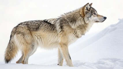 Fototapeta premium A gray wolf stands in the snowy winter landscape, its thick fur blending into the white surroundings as it watches quietly like a wild predator in nature