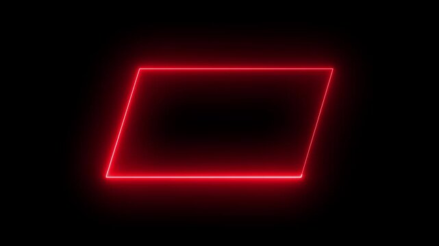 Red neon parallelogram outline glowing intensely on a black background geometric shape
