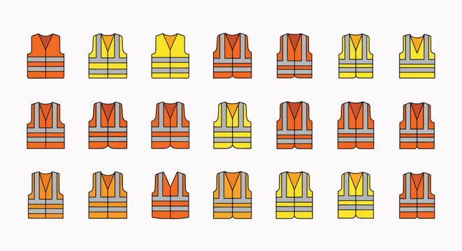 Collection of safety vests in orange and yellow with reflective stripes, isolated on white background, vector illustration
