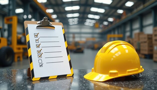 Yellow hard hat and safety checklist sit on a counter. A busy factory floor with forklifts and boxes is in the background. Order and safety first.