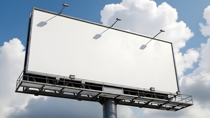 Obraz premium Blank billboard sign against a blue sky with fluffy white clouds