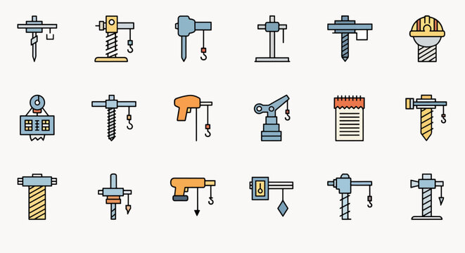 Set of flat design construction icons, representing industrial equipment, tools, and machinery for building projects
