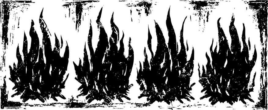 four black hand drawn flames with rough edges, grunge blazing fire illustration