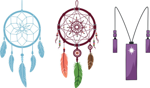 Vector Illustration of Dreamcatchers and Amulets with Feathers and Beads