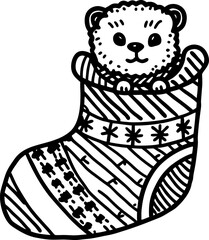 Fototapeta premium Cute plush bear peeking out of a christmas stocking with decorative patterns and stripes