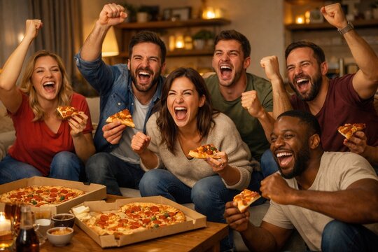 Freunde jubeln gemeinsam bei spannendem Sportereignis im Wohnzimmer mit Pizza
Gruppe begeisterter Freunde feiert lautstark ein spannendes Sportereignis im gem&uuml;tlichen Wohnzimmer und isst gemeinsam Piz