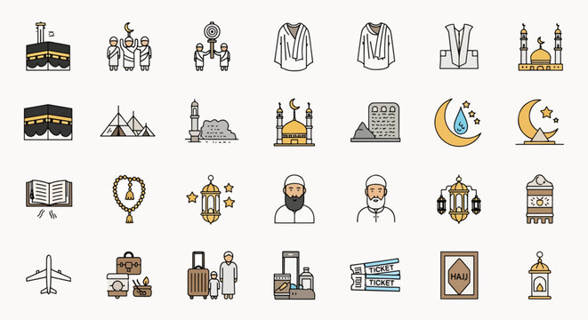 Islamic Hajj Pilgrimage Icons Set, Kaaba Mosque Medina Buildings, Ihram Clothing, Holy Quran, Prayer Beads, Travel Tickets, Airplane
