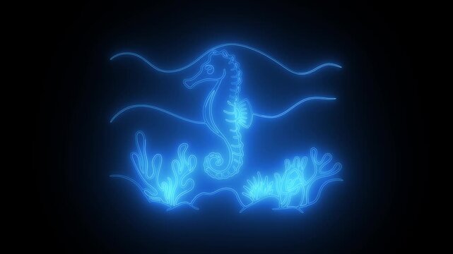 Blue Neon Seahorse and Coral Under Waves on Black Background light glowing