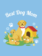 Fototapeta premium Best dog mom golden retriever puppies playing dog house flowers paws blue background
