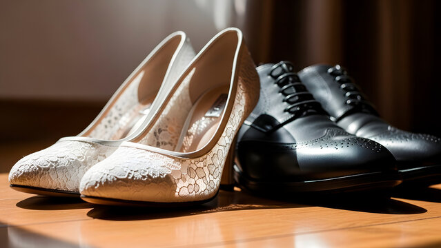 Elegant Bridal Heels and Men's Dress Shoes Side-by-Side on Wooden Floor