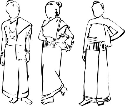 Traditional Southeast Asian Women in Lao Sinh Outfits Line Art