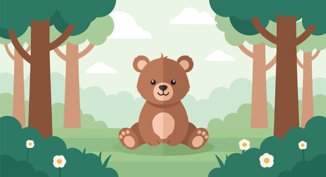 Flat style illustration of cute baby bear sitting in forest clearing with trees and soft sky, perfect for nursery design, kids products, and adorable wildlife themes