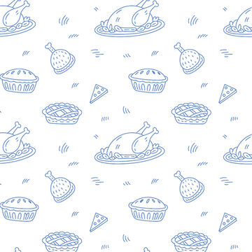 Seamless pattern of thanksgiving day food outline doodle icons in blue on transparent background, perfect for holiday designs.