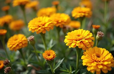 Fototapeta premium Bright yellow Calendula officinalis flowers bloom in a sunny garden bed. Detail of vibrant orange petals and green leaves creates a cheerful natural scene. Marigolds grow in summer.