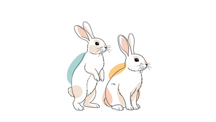 Obraz premium Two cute white rabbits with soft blue and orange spots sitting and standing on their hind legs in a playful illustration.