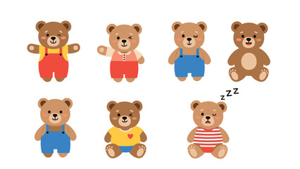 Fototapeta premium Collection of six charming teddy bear characters in various outfits and poses including one waving and one sleeping bear.