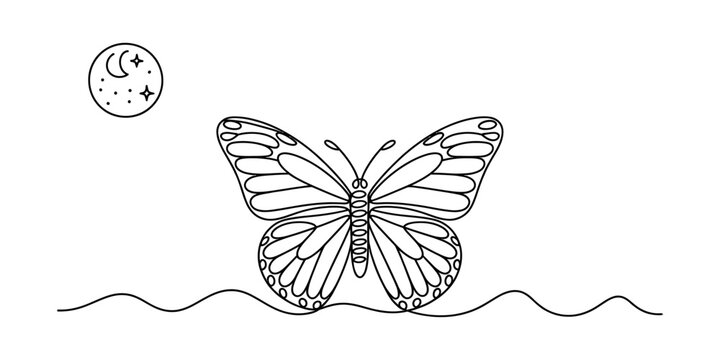 butterfly, insect, wing, moon, crescent, star, sky, night, nature, line, art, illustration, minimalist, drawing, outline, sketch, coloring, page, book, design, tattoo, pattern, wavy, simple, black, wh