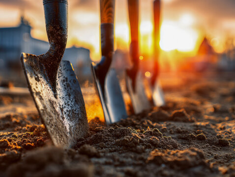 Several dirty gardening shovels stuck in loose soil with the warm glow of a vibrant sunrise illuminating a blurred background of houses and trees