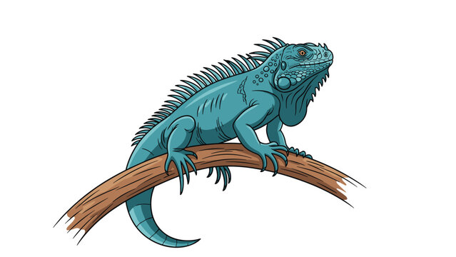 Detailed hand drawn illustration of a blue iguana perched on a wooden branch isolated on a white background.