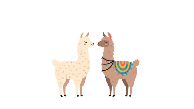 Two cute cartoon llamas with colorful blankets standing face to face on a plain white background.