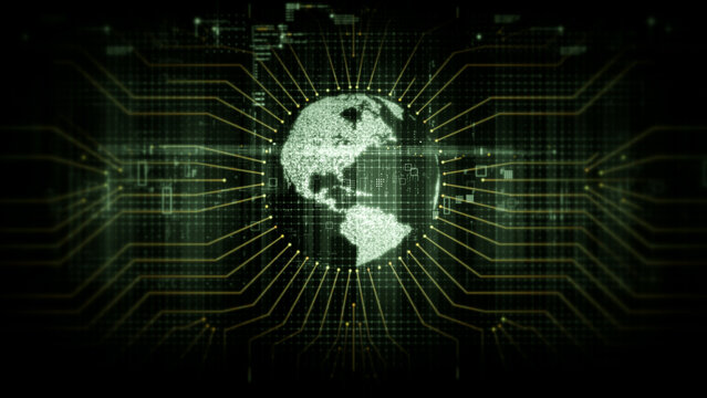 Global data network world map with matrix style grid, glowing HUD interface and streaming light trails, futuristic internet, IoT connectivity and digital simulation background