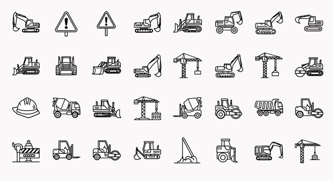 Construction heavy machinery icons set, including excavators, loaders, cranes, cement trucks, and safety helmet