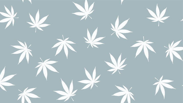Seamless pattern featuring white silhouettes of cannabis leaves scattered on a light blue grey background.