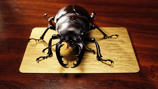 Black beetle on wooden base closeup.