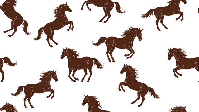 Seamless pattern featuring dark brown horse silhouettes in galloping and rearing poses on a white background.