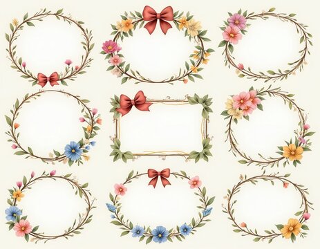 Collection of floral frames, circular oval and rectangular shapes decorated with bows. Delicate spring flowers and green leaves create charming borders for invitations, cards and scrapbooking.