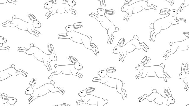 Seamless pattern with hand drawn jumping rabbit line art sketches on a white background for easter or kids nursery.