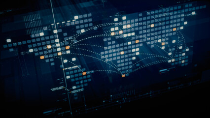 Fototapeta premium Global data network world map with matrix style grid, glowing HUD interface and streaming light trails, futuristic internet, IoT connectivity and digital simulation background
