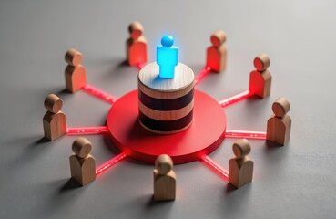 Obraz premium Wooden figures connect to central cylinder with blue leader on top. Red lines show data flow and teamwork. Represents network, communication, and organization.