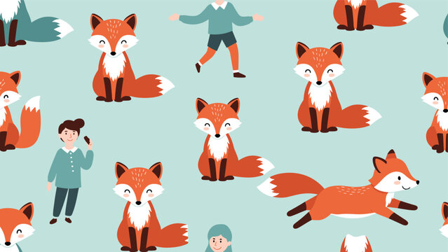 Seamless pattern of red foxes and children on a light blue background creating a whimsical and friendly autumn nature theme.