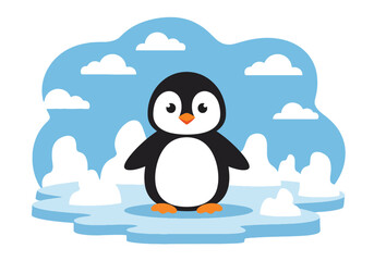 Naklejka premium Flat style illustration of baby penguin standing on ice with snow and sky, ideal for winter themed designs, nursery decor, and cute animal collections